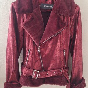 Wine Burgundy soft stretch foiled faux fur cropped moto jacket Women's Large NWT